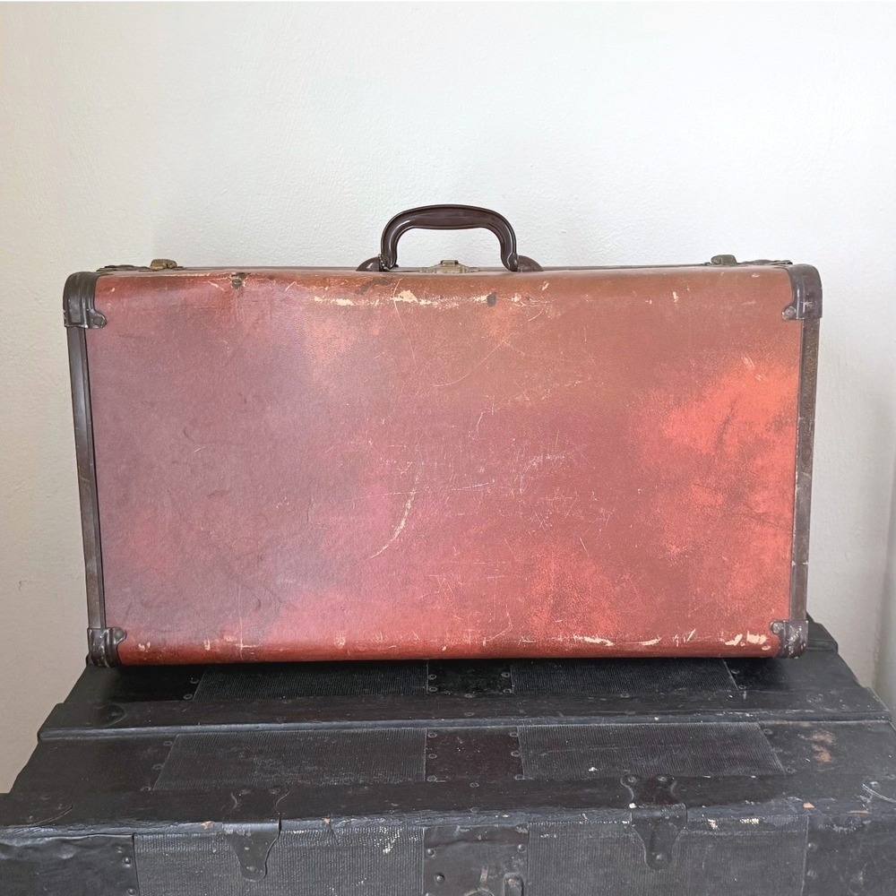 Vintage Burnt Orange Hard Shell Suitcase with Key Metal Trim